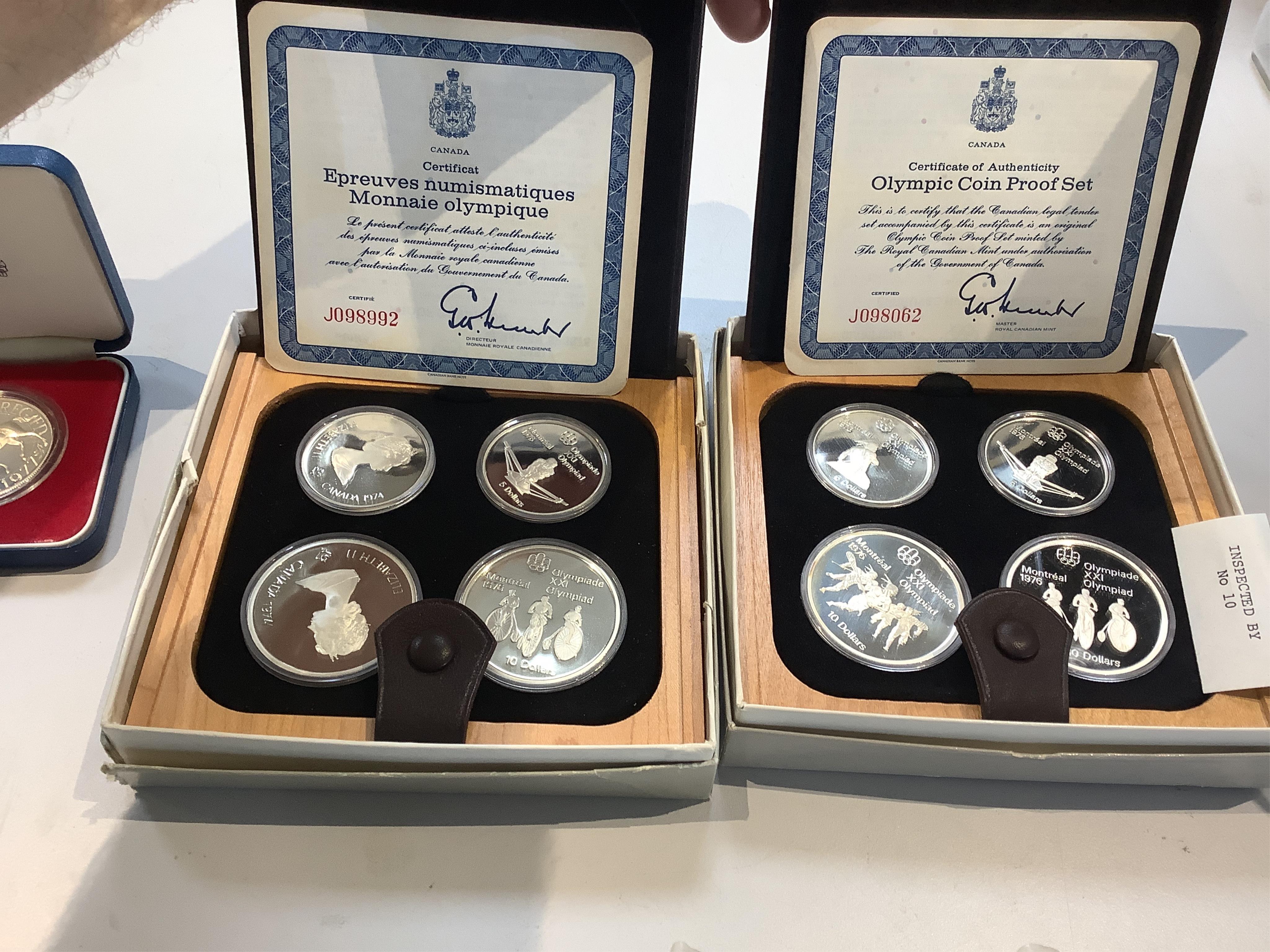 British and world silver cupronickel coins, to include two Canada 1976 Olympic coin proof sets, in case of issue with certificate, cased Elizabeth II silver jubilee 1977 crown, Spain 5 pesetas 1891, Belgium Fr.50. 1935,